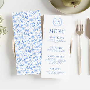 Blue floral folk porcelain elegant wedding menu