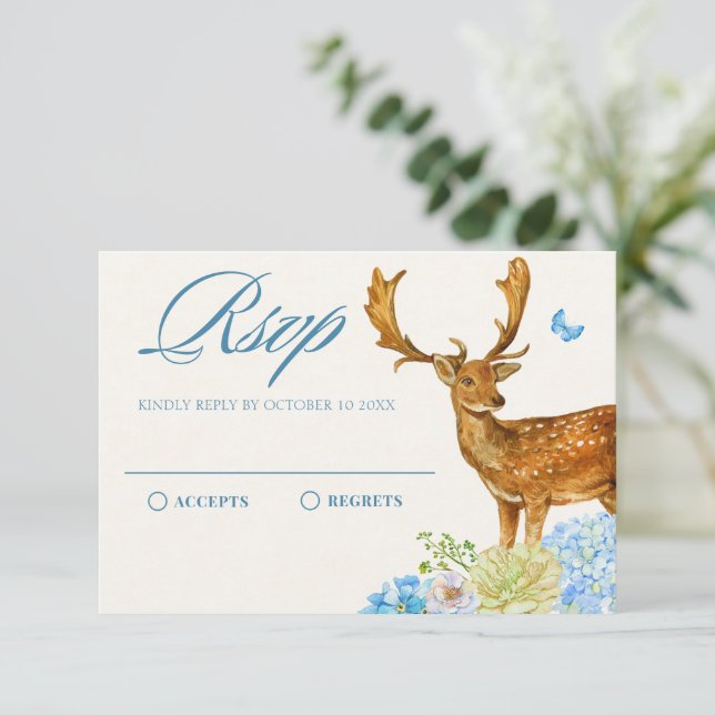 Blue floral forest wild animal nature  RSVP card (Standing Front)
