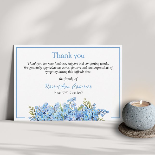 Blue floral forget-me-nots flowers funeral thank you card (Funeral thank you card from family with floral botanical details and color frame)