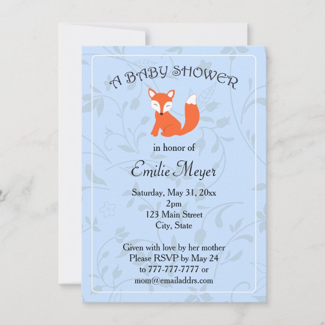 Blue Floral Fox Woodland Baby Shower Invitation (Front)