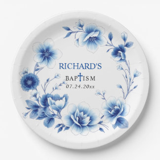 Blue floral frame Chinoiserie flowers boy Baptism Paper Plate