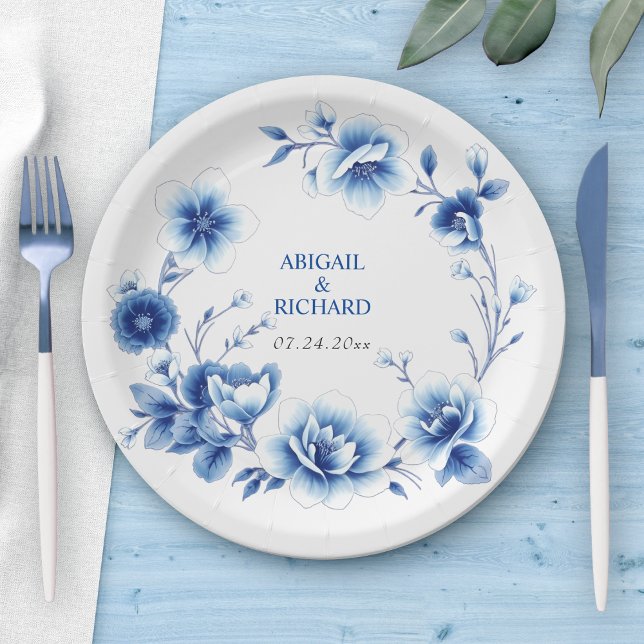 Blue floral frame Chinoiserie flowers wedding Paper Plate (Creator Uploaded)