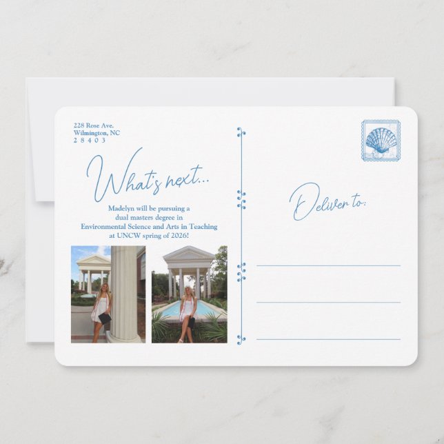 Blue Floral Frame Coastal Graduation Announcement (Back)