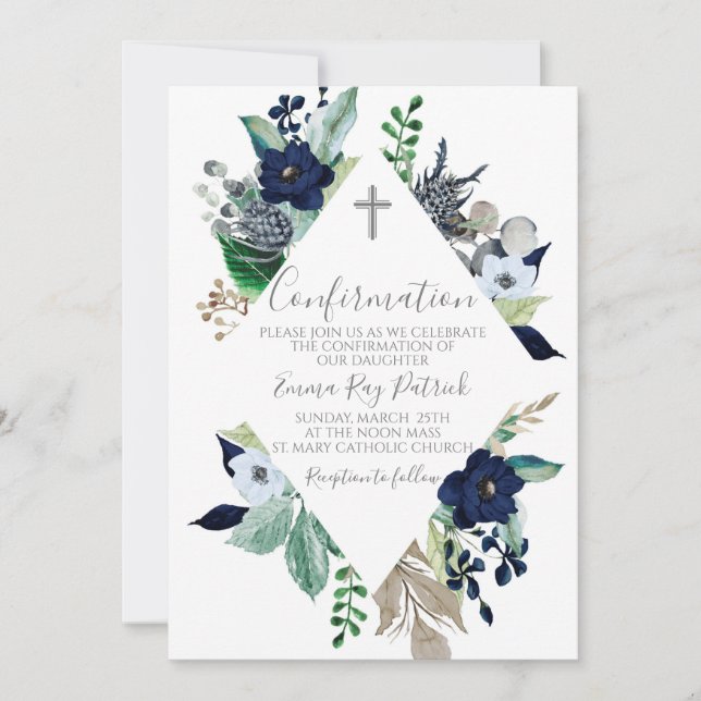 Blue Floral Frame Confirmation  Invitation (Front)
