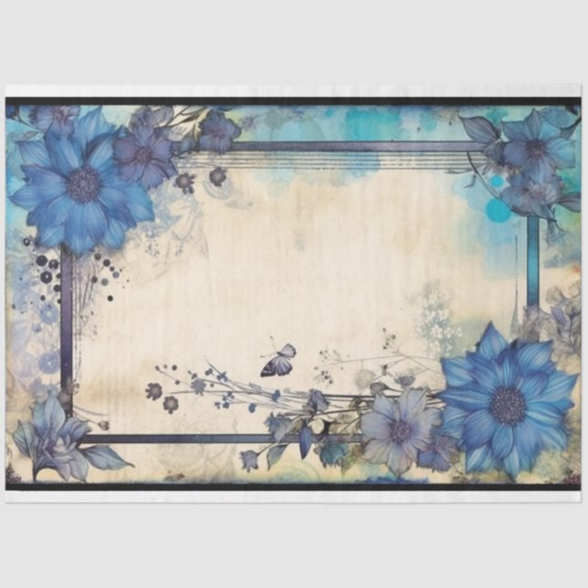 Blue floral frame ephemera  tissue paper (Front)