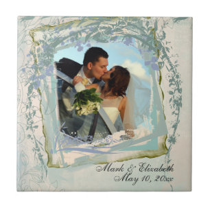 Blue Floral Frame Photo Ceramic Tile