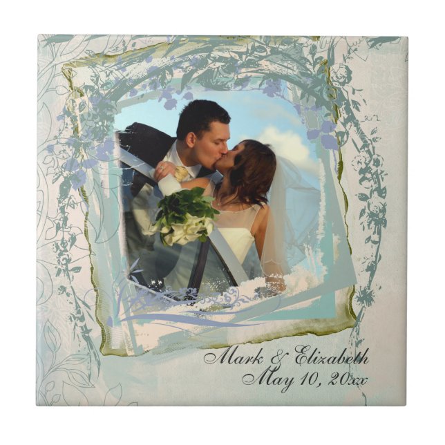 Blue Floral Frame Photo Ceramic Tile (Front)