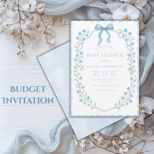 Blue Floral Frame Ribbon Vintage Baby Shower Invitation