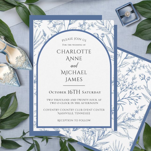 Blue Floral Frame Watercolor Wedding Invitation (Creator Uploaded)