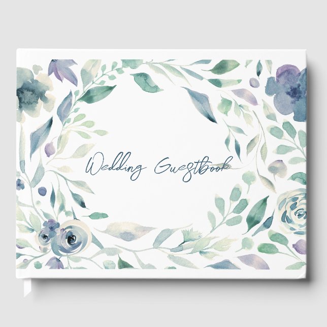Blue Floral Frame Wedding Guest Book (Front)