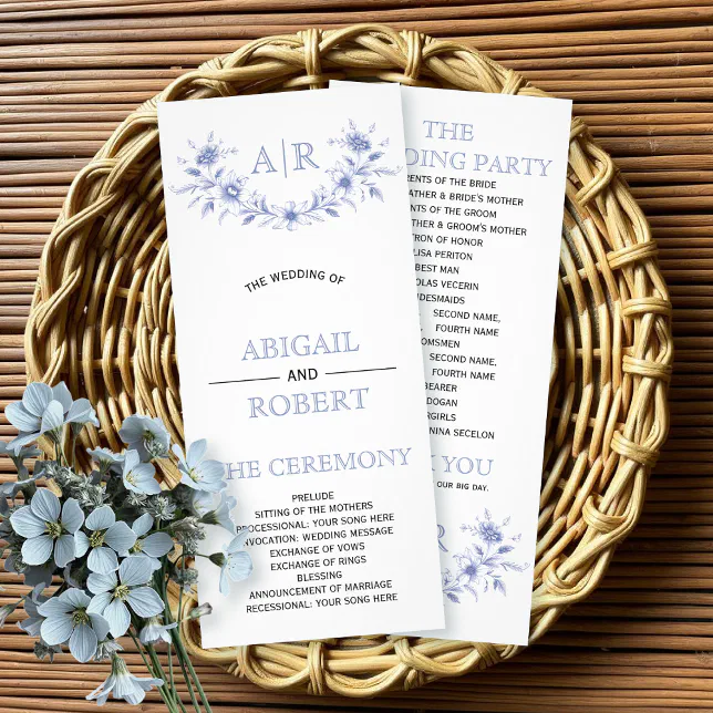 Program Card Frame Blue floral frame with monogram wedding program rack card | Zazzle