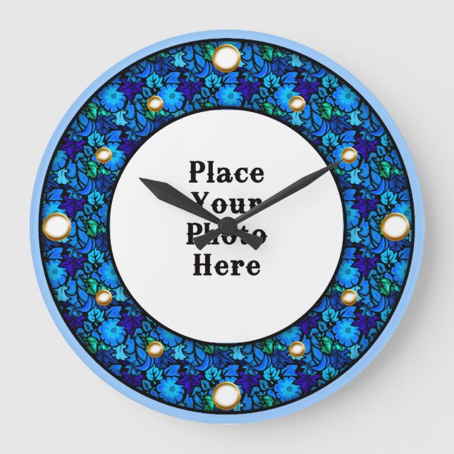Blue Floral Frame Your Photo Wall Clock (Front)
