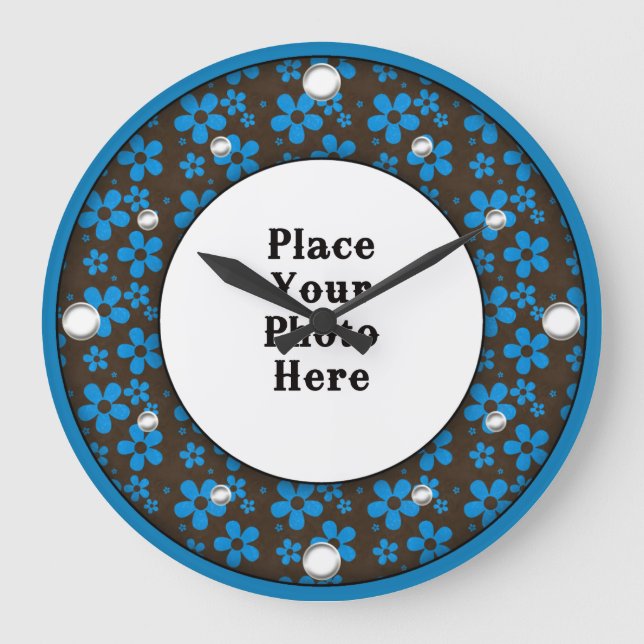 Blue Floral Frame Your Photo Wall Clock (Front)