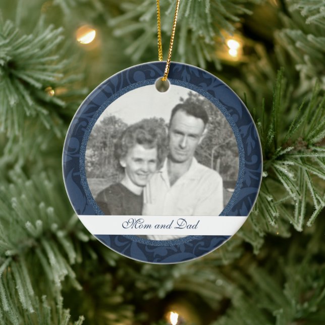 Blue Floral Framed: Memorial: Picture Ornament (Tree)