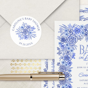 Blue Floral French Baby Shower Classic Round Sticker