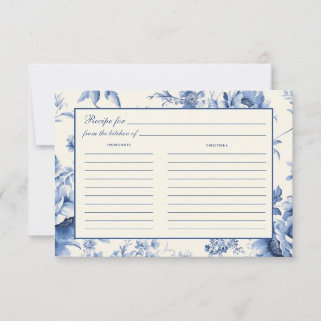 Blue Floral French Toile Bridal Shower Recipe Card (Front)