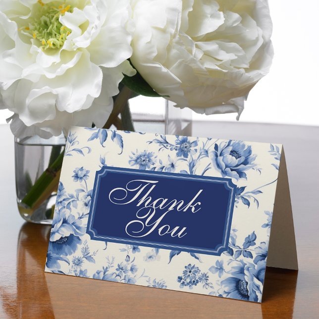 Blue Floral French Toile Chinoiserie Blank Thank You Card (something blue blank thank you cards)