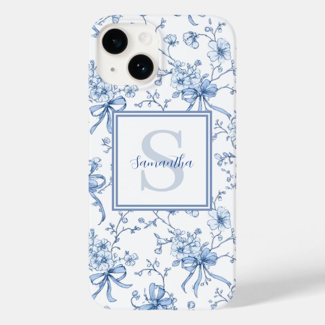 Blue Floral French Toile Monogram Name  Case-Mate iPhone Case (Back)