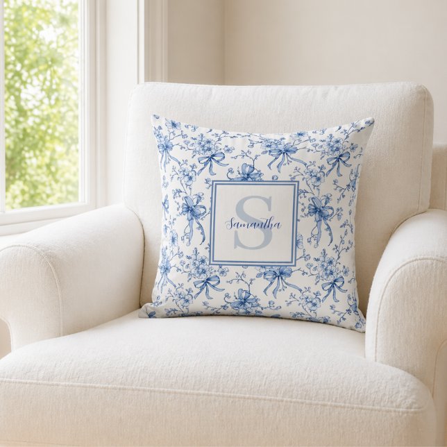Blue Floral French Toile Monogram Name Cushion (Creator Uploaded)