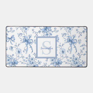 Blue Floral French Toile Monogram Name Desk Mat