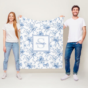 Blue Floral French Toile Monogram Name  Fleece Blanket
