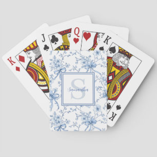 Blue Floral French Toile Monogram Name Playing Cards
