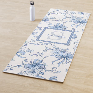 Blue Floral French Toile Monogram Name Yoga Mat
