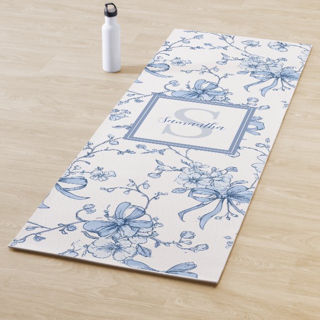 Blue Floral French Toile Monogram Name Yoga Mat (In Situ)