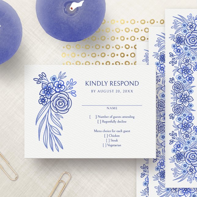 Blue Floral French Wedding RSVP Card (Creator Uploaded)