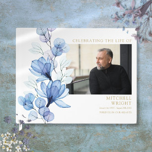 Blue Floral Funeral Celebration Of Life Photo Guest Book