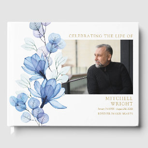 Blue Floral Funeral Celebration Of Life Photo Guest Book