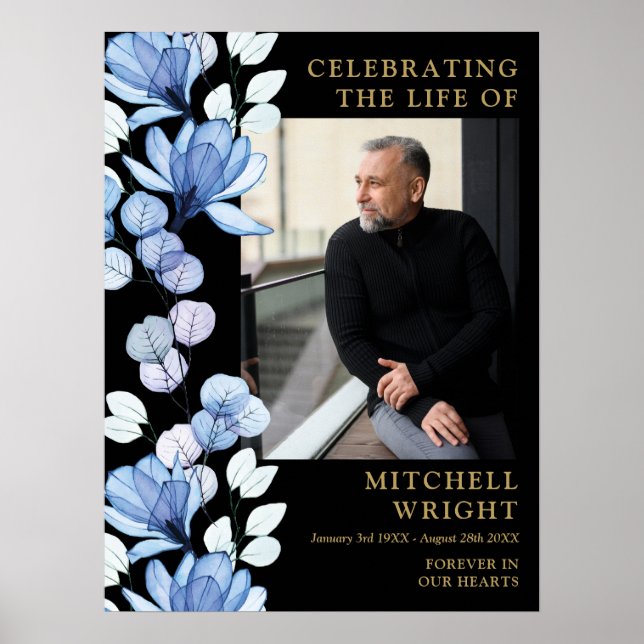 Blue Floral Funeral Celebration Of Life Photo Sign (Front)
