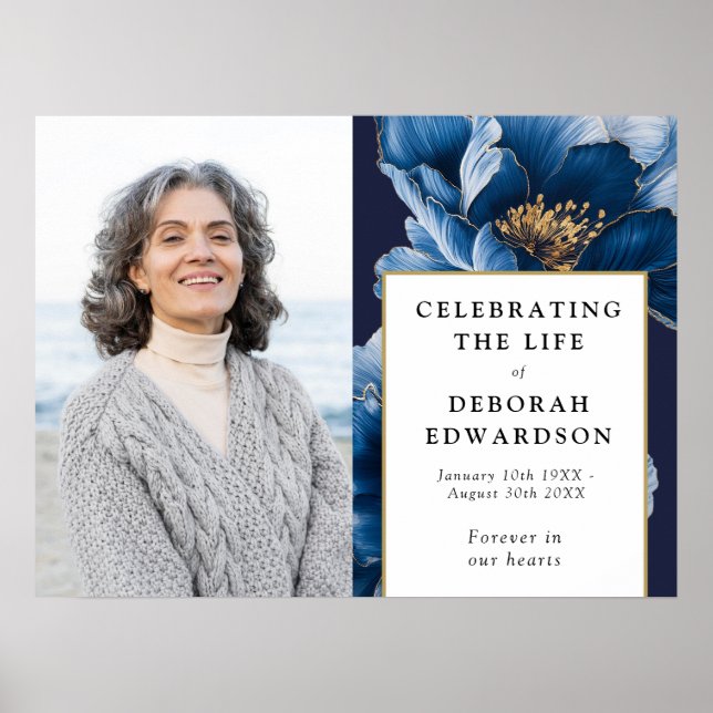 Blue Floral Funeral Celebration Of Life Photo Sign (Front)