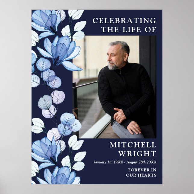 Blue Floral Funeral Celebration Of Life Photo Sign (Front)