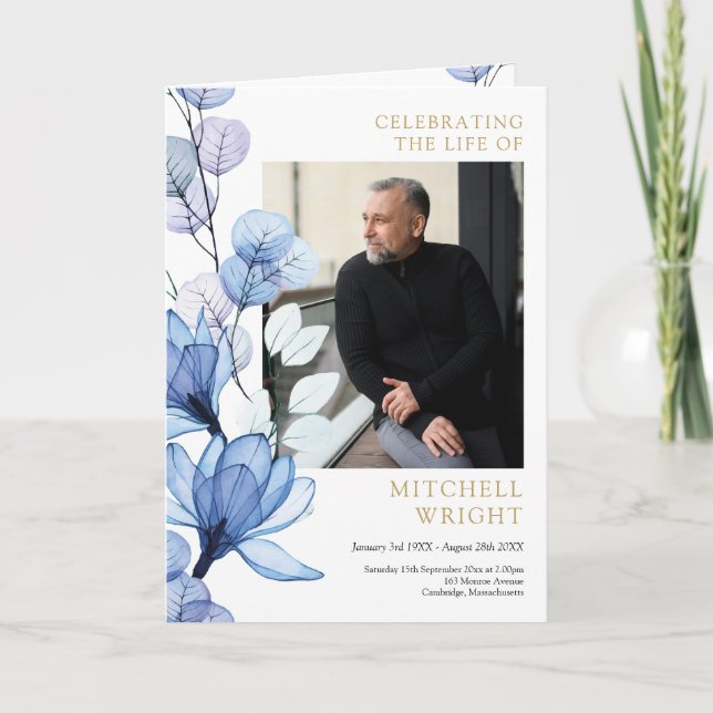 Blue Floral Funeral Memorial Order Of Service Programme (Front)