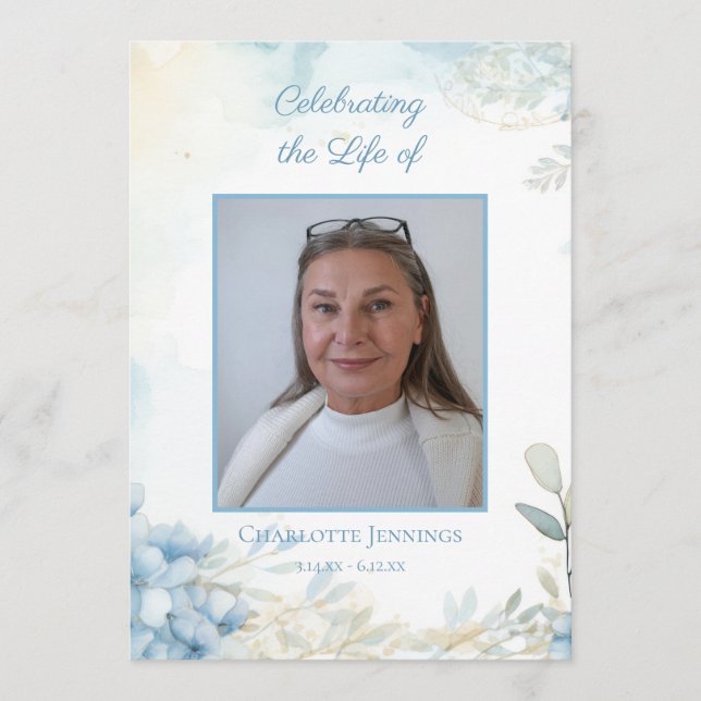 Blue Floral Funeral Memorial Order of Service Programme (Front)