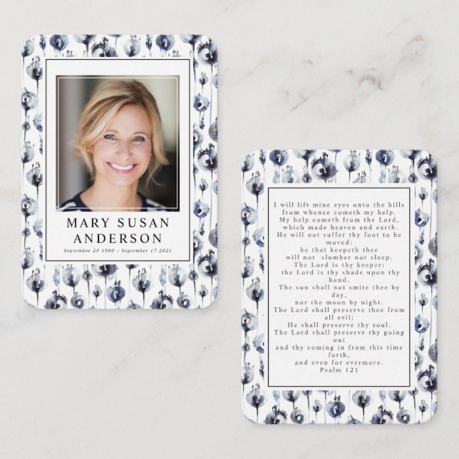 Blue Floral Funeral Memorial Photo Prayer Card (Front/Back)