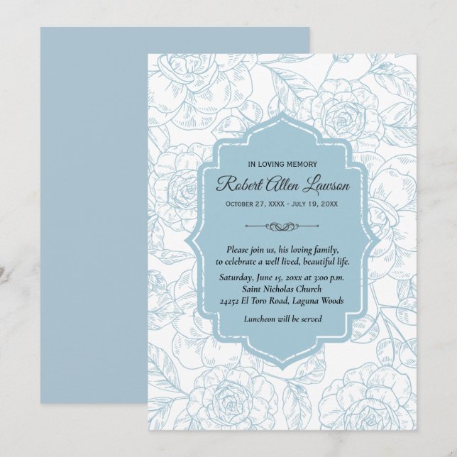 Blue Floral Funeral Memorial Remembrance Invites (Front/Back)