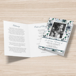 Blue Floral Funeral Order of Service Photo Program Programme