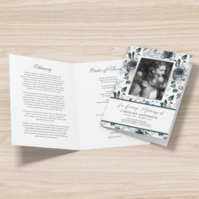 Blue Floral Funeral Order of Service Photo Program Programme (Creator Uploaded)