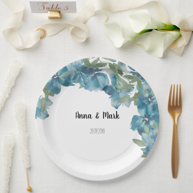 Blue Floral Fusion Watercolor Hand-painted Paper Plate (Wedding)