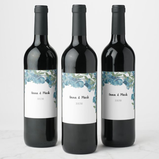 Blue Floral Fusion Watercolor Hand-painted Wine Label (Bottles)
