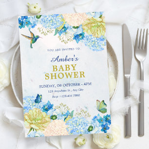 Blue floral garden baby shower invitation