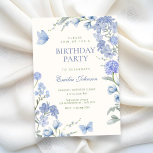 Blue floral garden birthday invitation