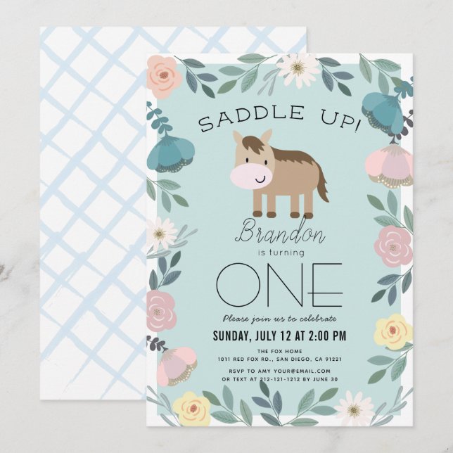 Blue Floral Garden Horse Boy 1st Birthday Invitation (Front/Back)