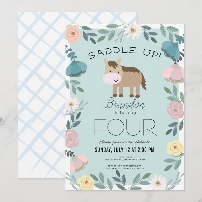 Blue Floral Garden Horse Boy Birthday Invitation (Front/Back)