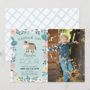 Blue Floral Garden Horse Boy Photo Birthday Invitation