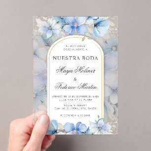 Blue Floral Garden Nuestra Boda Spanish Wedding Acrylic Invitations