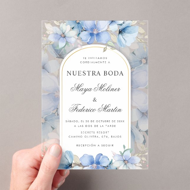 Blue Floral Garden Nuestra Boda Spanish Wedding Acrylic Invitations (Insitu (Handheld))