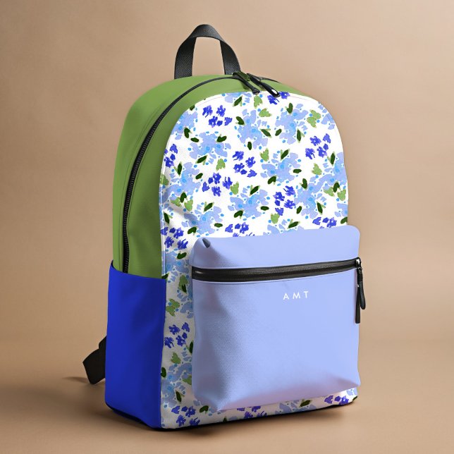 Blue Floral Garden Personalised Name Initial Printed Backpack (Creator Uploaded)